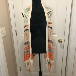 No Boundaries teal and orange sweater vest with tassels, size xxl